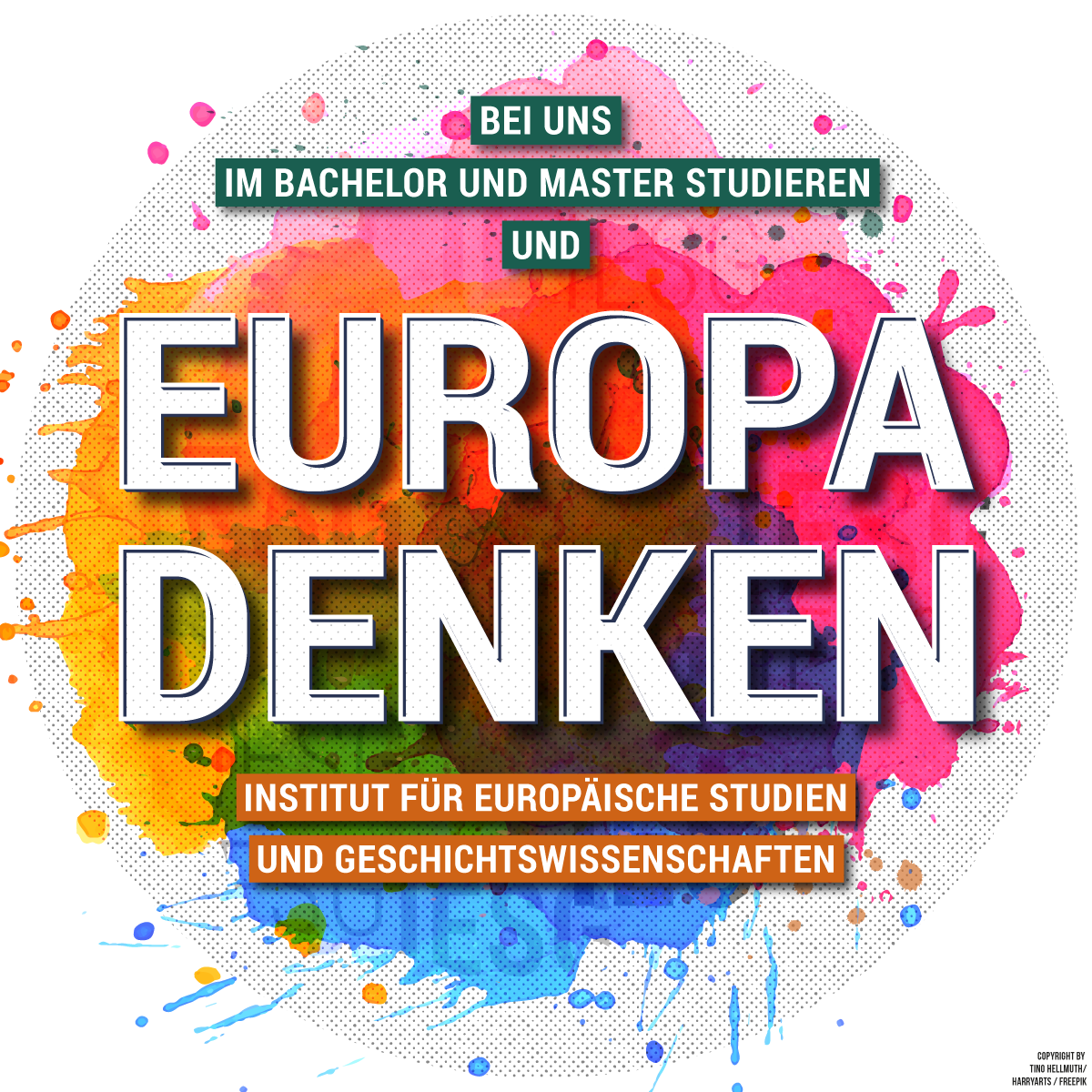 buntes logo mit dem text europa denken